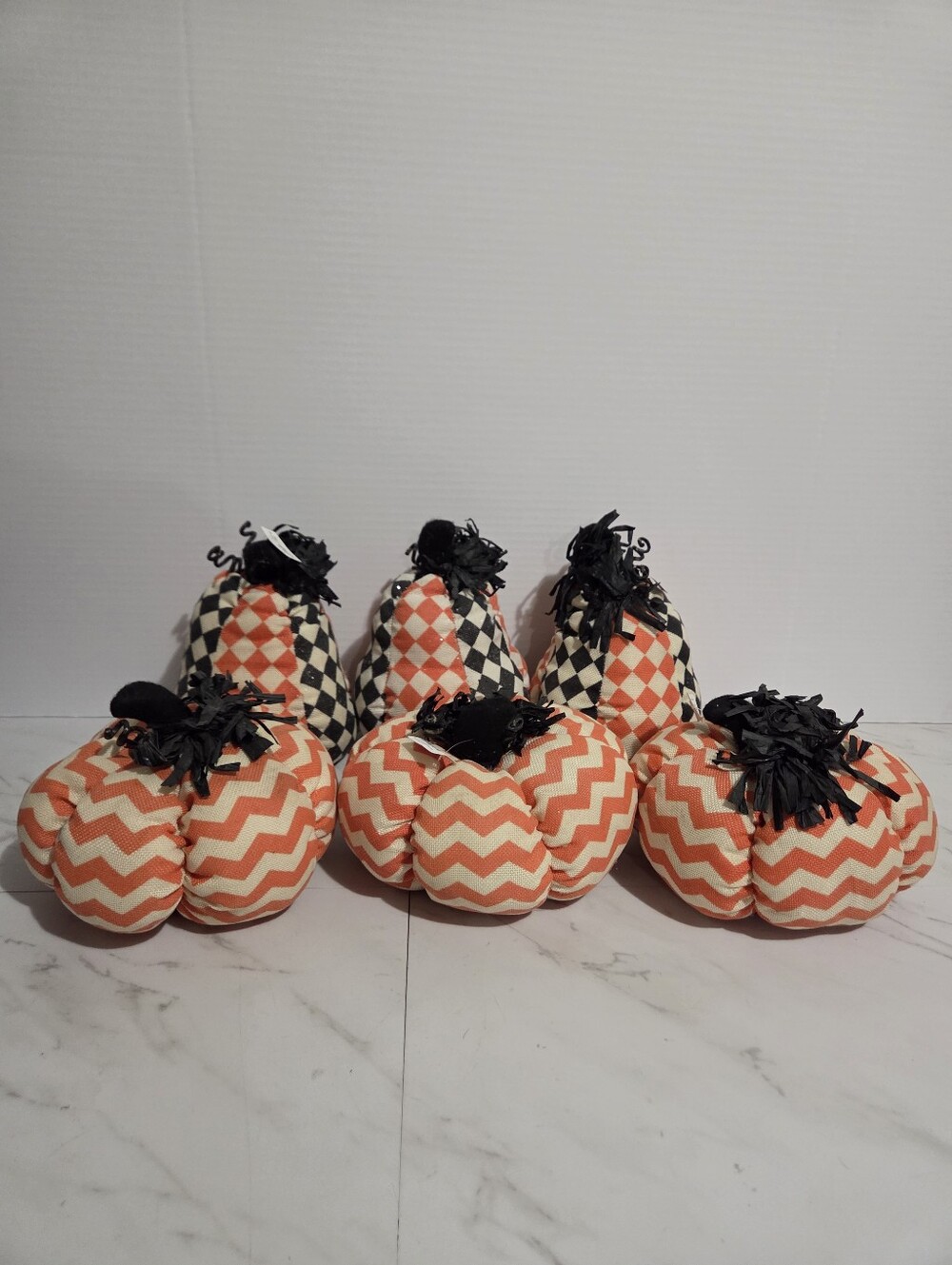 Lot Of 6 Plush Pumpkins - Chevron Harlequin Design Thanksgiving Decor Halloween